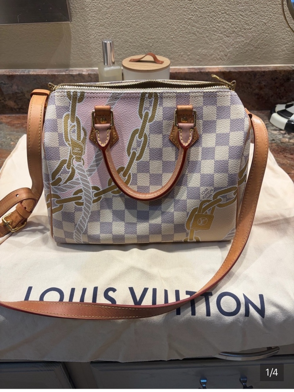 Louis Vuitton Damier Azur Satchel with Tan Leather Trim and Gold Chain Motif